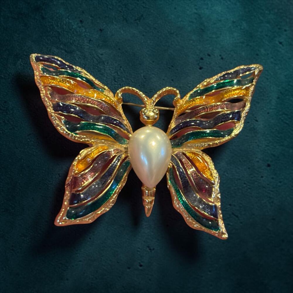 Vintage FO Butterfly Brooch Rainbow Enamel Pearl Body Statement Pin